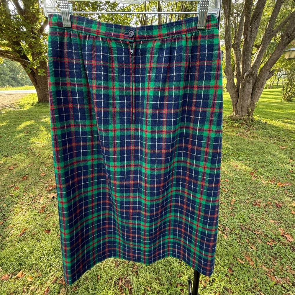 Vintage Pendleton Wool Plaid Midi Skirt Green Navy Red Pockets Made in USA 12 - Picture 3 of 9